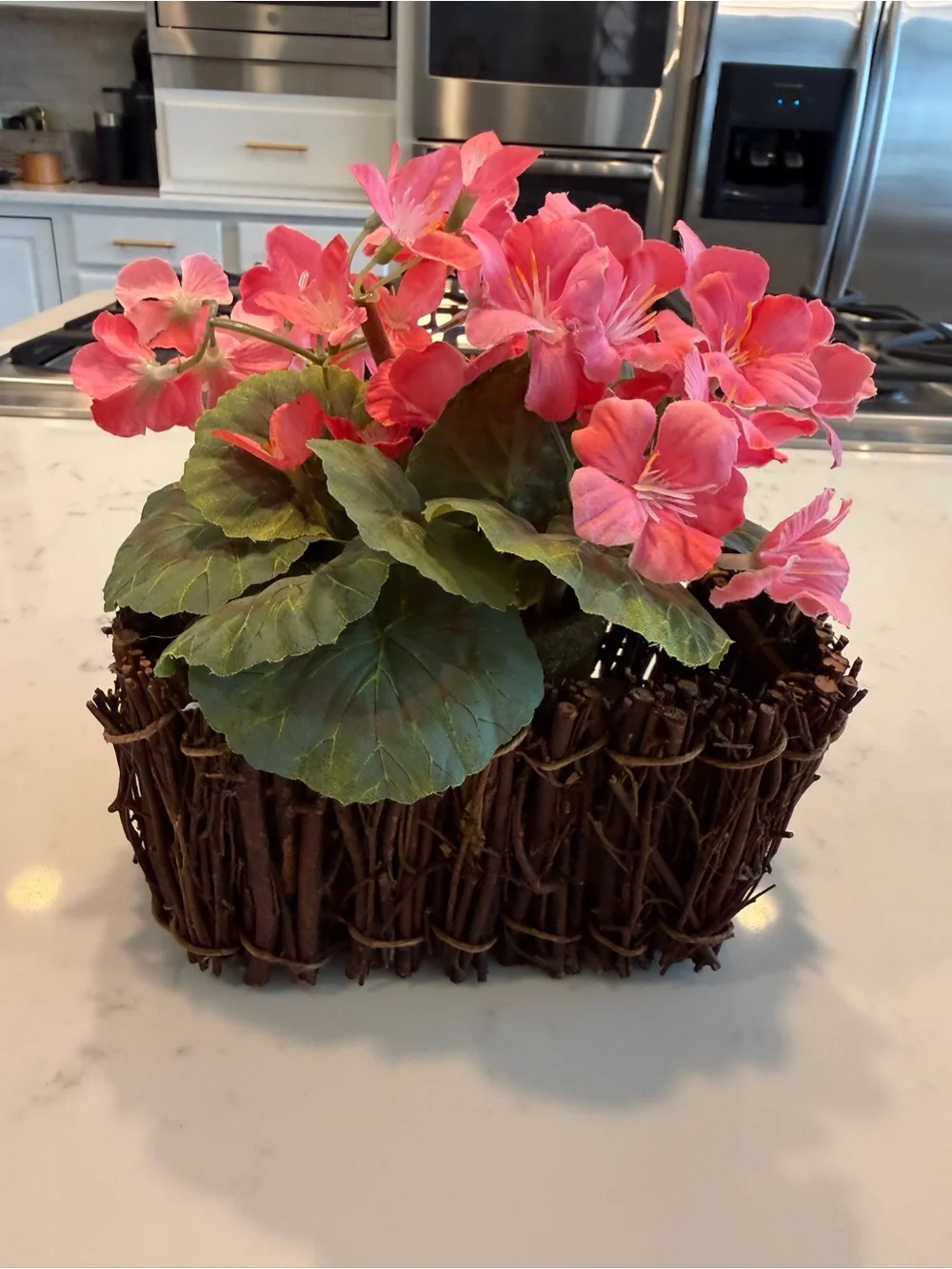 A.T. Imports Faux Pink Geranium Floral Arrangement Twig Basket Cottagecore
